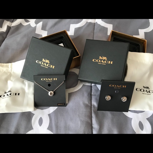 Coach Open Circle Stone Necklace & Earrings Silver - Picture 1 of 5